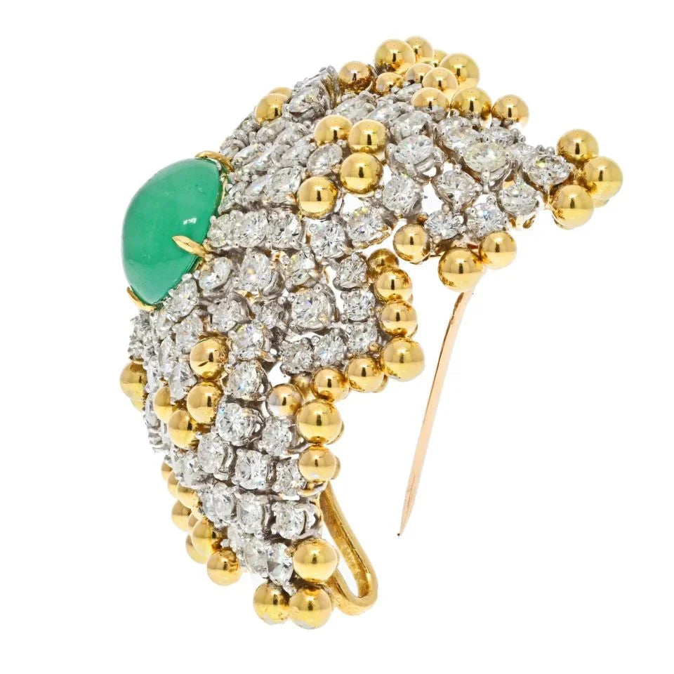 Wander France 18K Yellow Gold Diamond And Cabochon Emerald Estate Brooch - The Back Vault