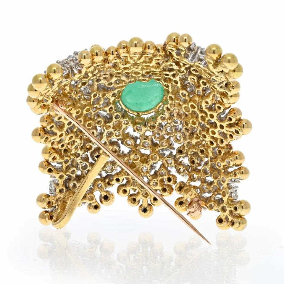 Wander France 18K Yellow Gold Diamond And Cabochon Emerald Estate Brooch - The Back Vault