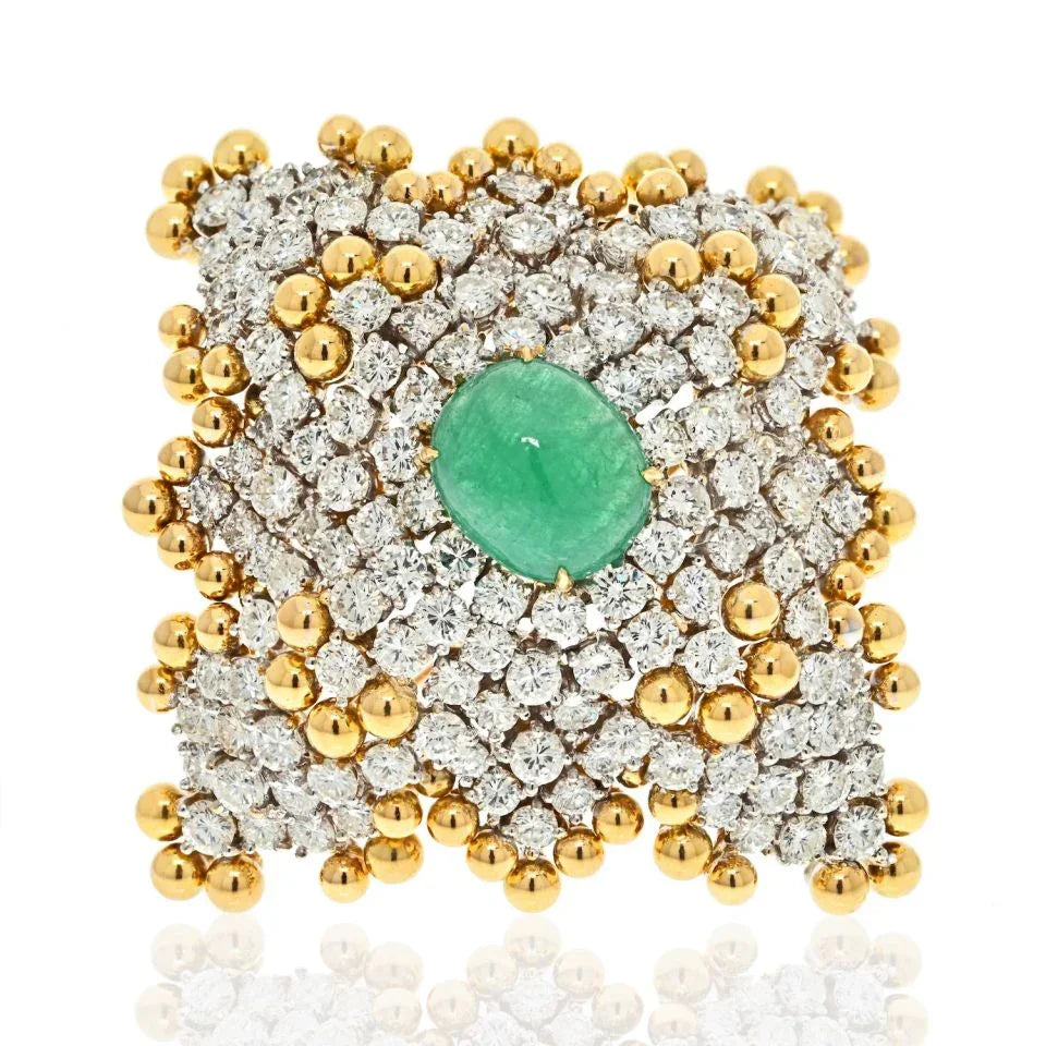 Wander France 18K Yellow Gold Diamond And Cabochon Emerald Estate Brooch - The Back Vault
