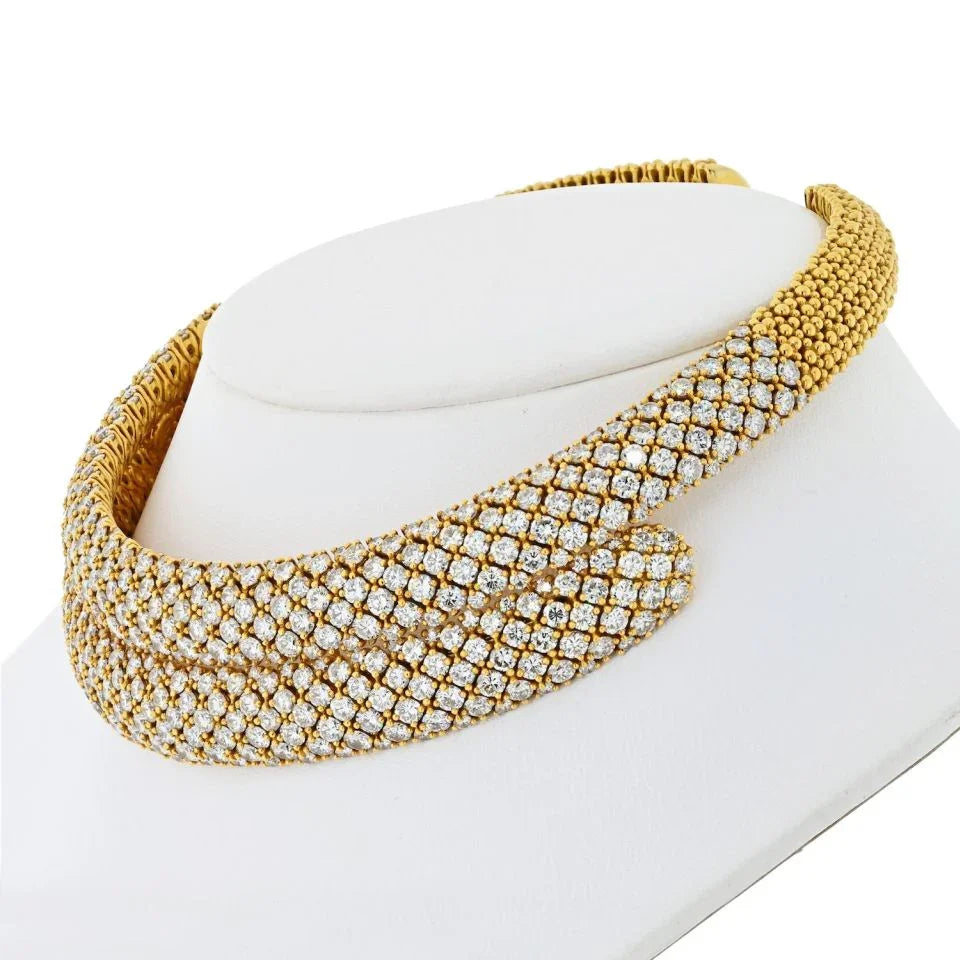 18K Yellow Gold 45 Carat Pave Set Round Diamond Multi-Row Collar Necklace - The Back Vault