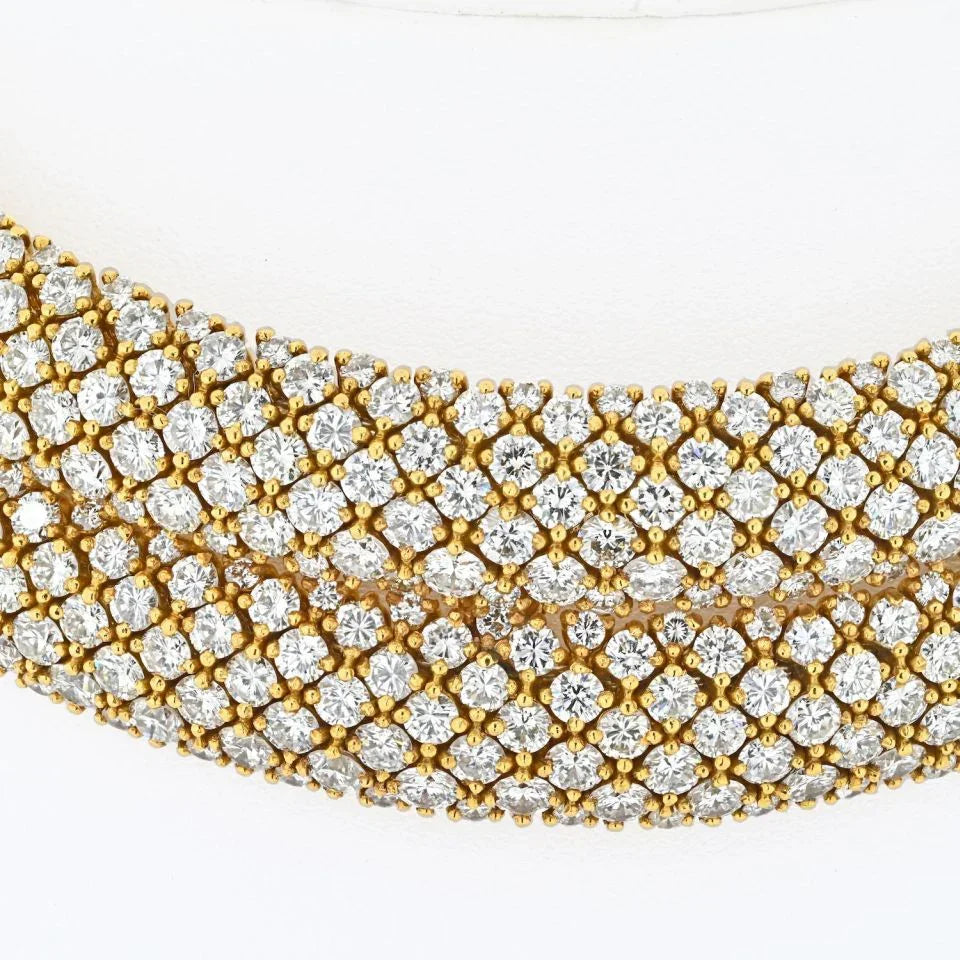 18K Yellow Gold 45 Carat Pave Set Round Diamond Multi-Row Collar Necklace - The Back Vault