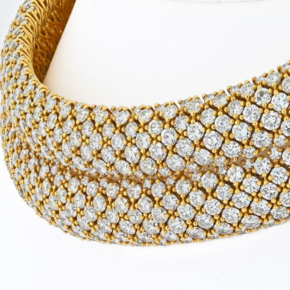 18K Yellow Gold 45 Carat Pave Set Round Diamond Multi-Row Collar Necklace - The Back Vault
