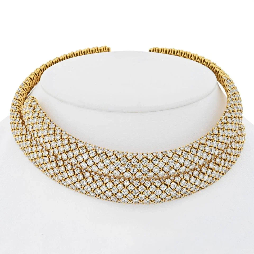 18K Yellow Gold 45 Carat Pave Set Round Diamond Multi-Row Collar Necklace - The Back Vault