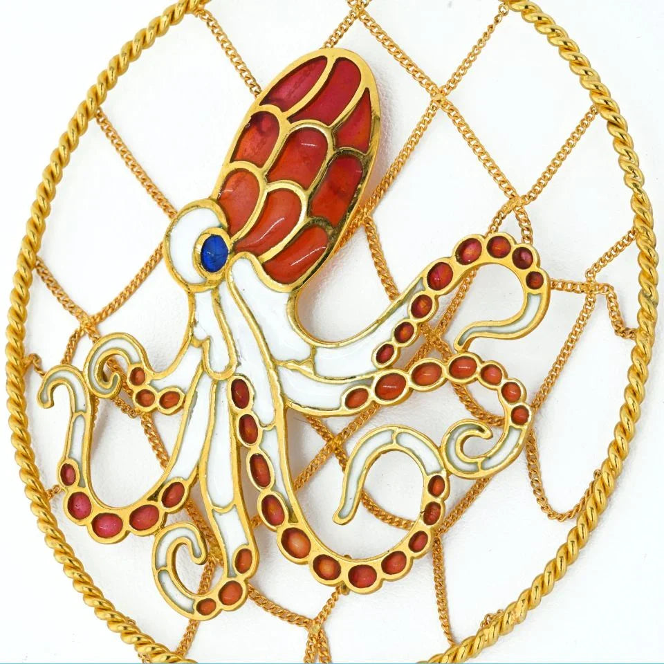 18K Yellow Gold Octopus in a Web Pendant - The Back Vault