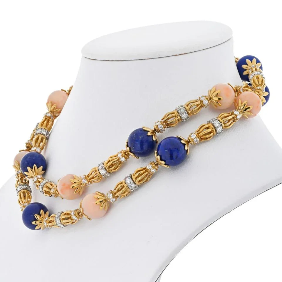 Tiffany & Co. Schlumberger 18K Yellow Gold Lapis, Coral And Diamond Long Chain Necklace - The Back Vault