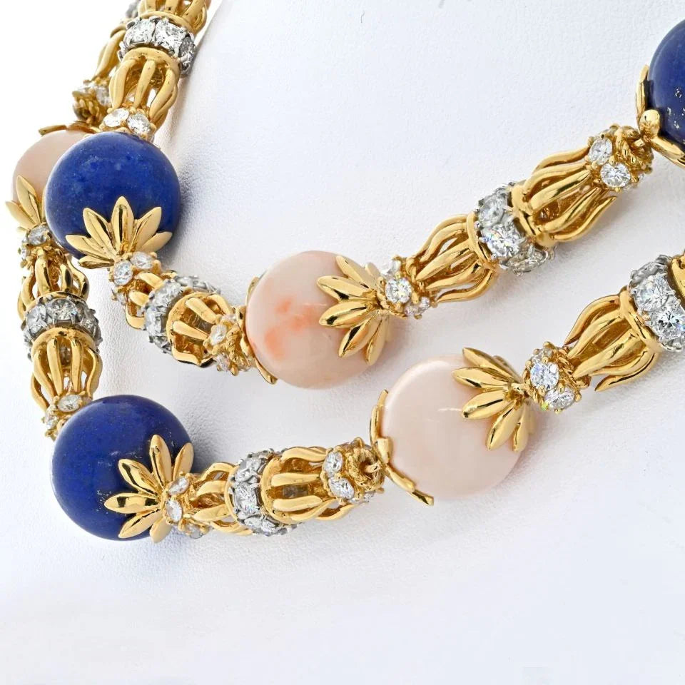 Tiffany & Co. Schlumberger 18K Yellow Gold Lapis, Coral And Diamond Long Chain Necklace - The Back Vault