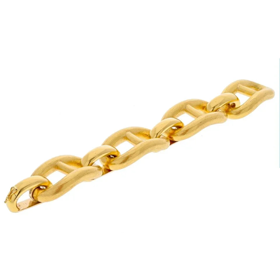 18K Yellow Gold Oversized Mariner Puffed Satin Finish Link Bracelet - The Back Vault