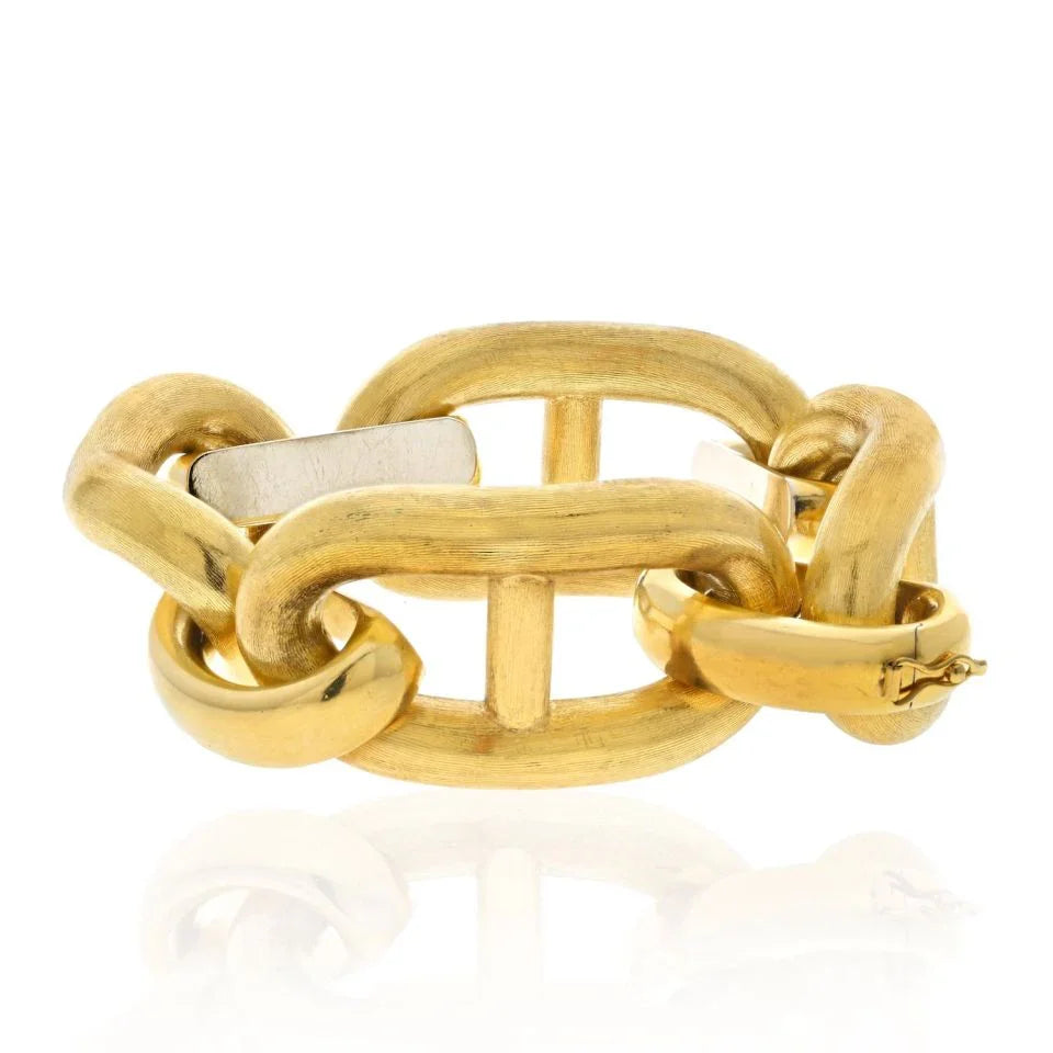 18K Yellow Gold Oversized Mariner Puffed Satin Finish Link Bracelet - The Back Vault