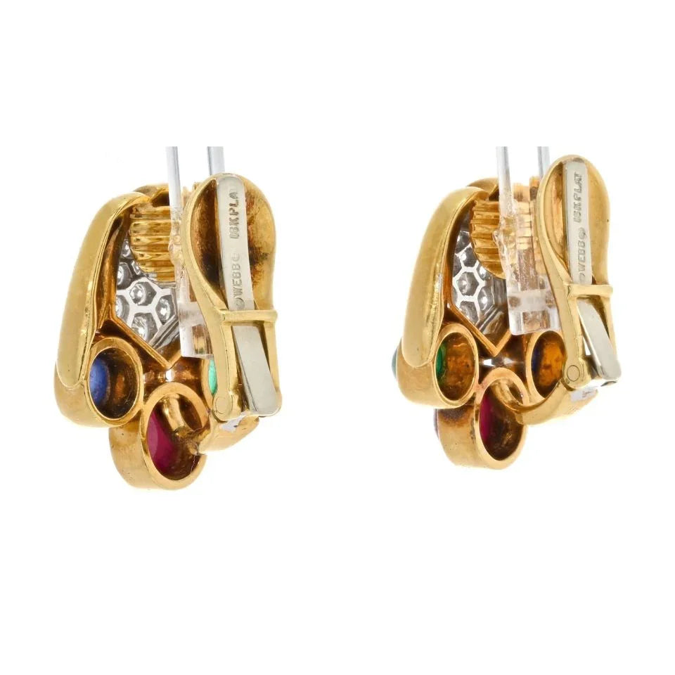 David Webb 18K Yellow Gold Diamond, Emerald, Sapphire and Green Earrings - The Back Vault