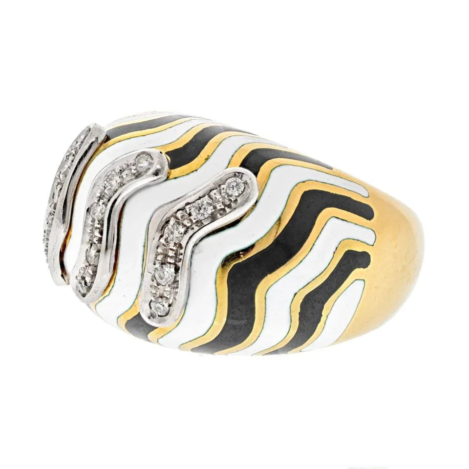 David Webb Platinum & 18K Yellow Gold Zebra Diamond Bombe Ring - The Back Vault