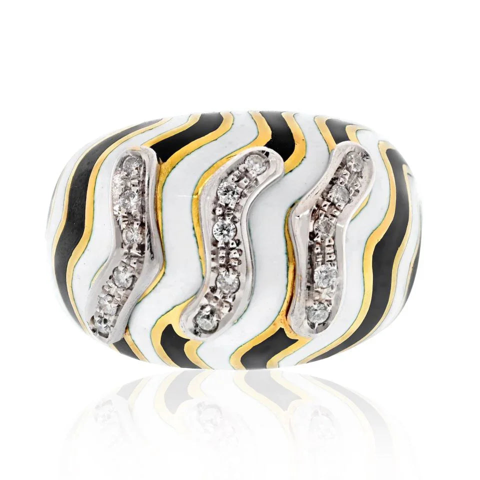 David Webb Platinum & 18K Yellow Gold Zebra Diamond Bombe Ring - The Back Vault