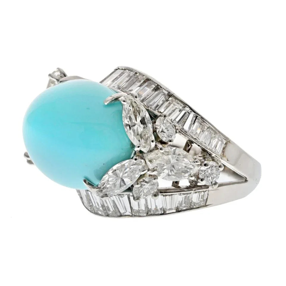 David Webb Platinum Oval Cabochon Cut Turquoise And Diamond Ring - The Back Vault