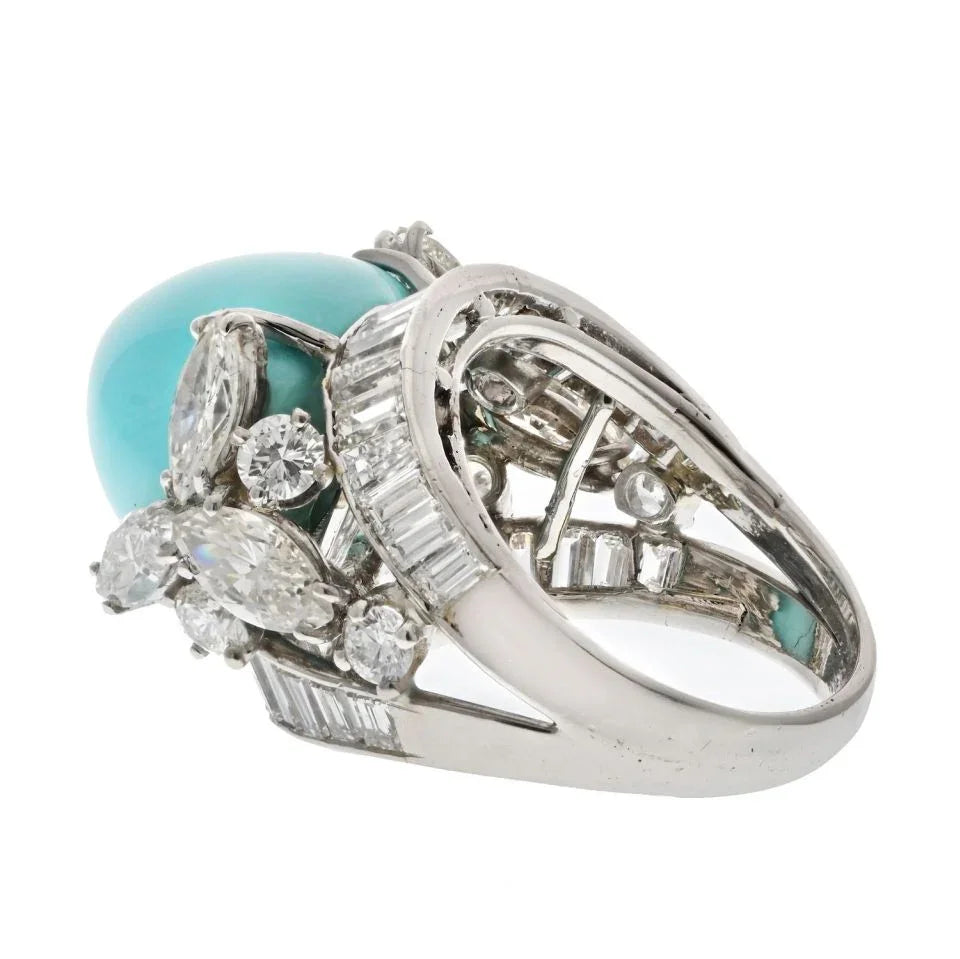 David Webb Platinum Oval Cabochon Cut Turquoise And Diamond Ring - The Back Vault