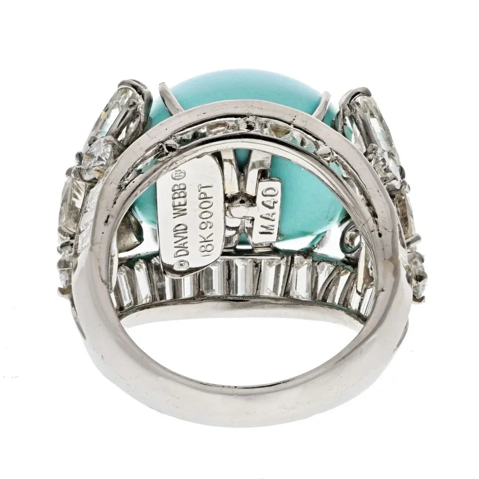 David Webb Platinum Oval Cabochon Cut Turquoise And Diamond Ring - The Back Vault