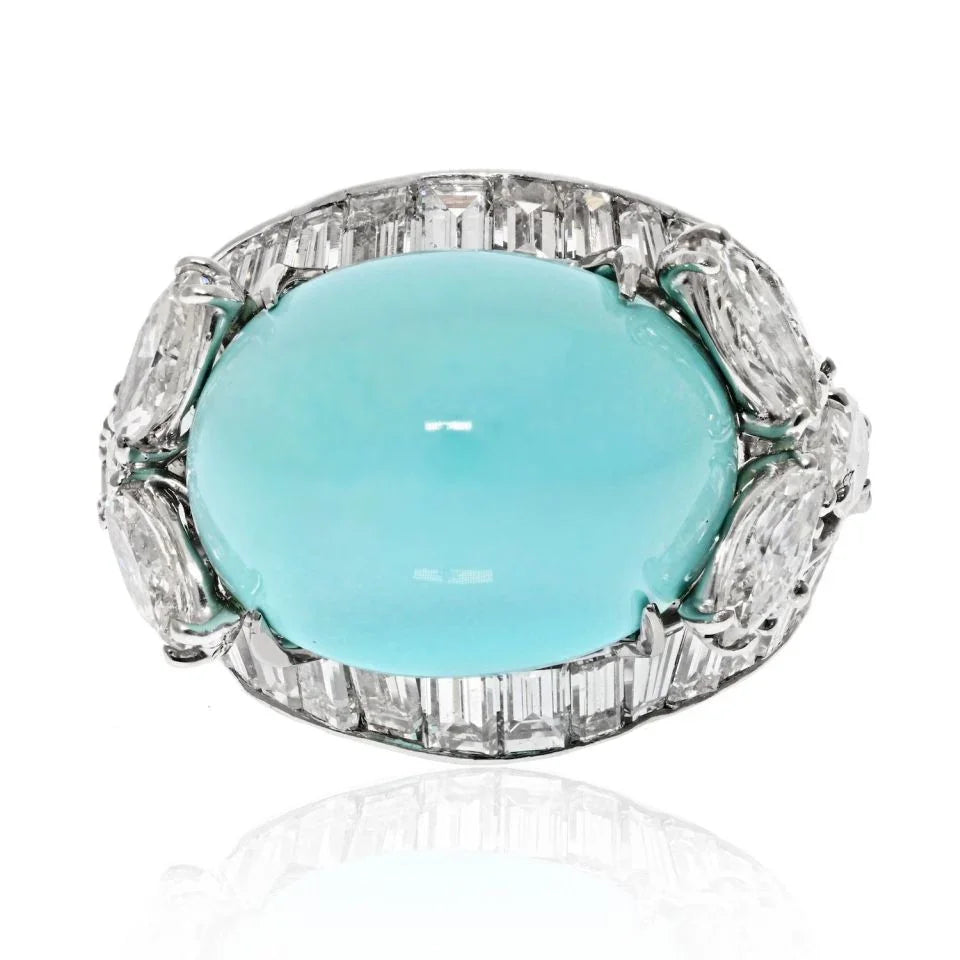 David Webb Platinum Oval Cabochon Cut Turquoise And Diamond Ring - The Back Vault