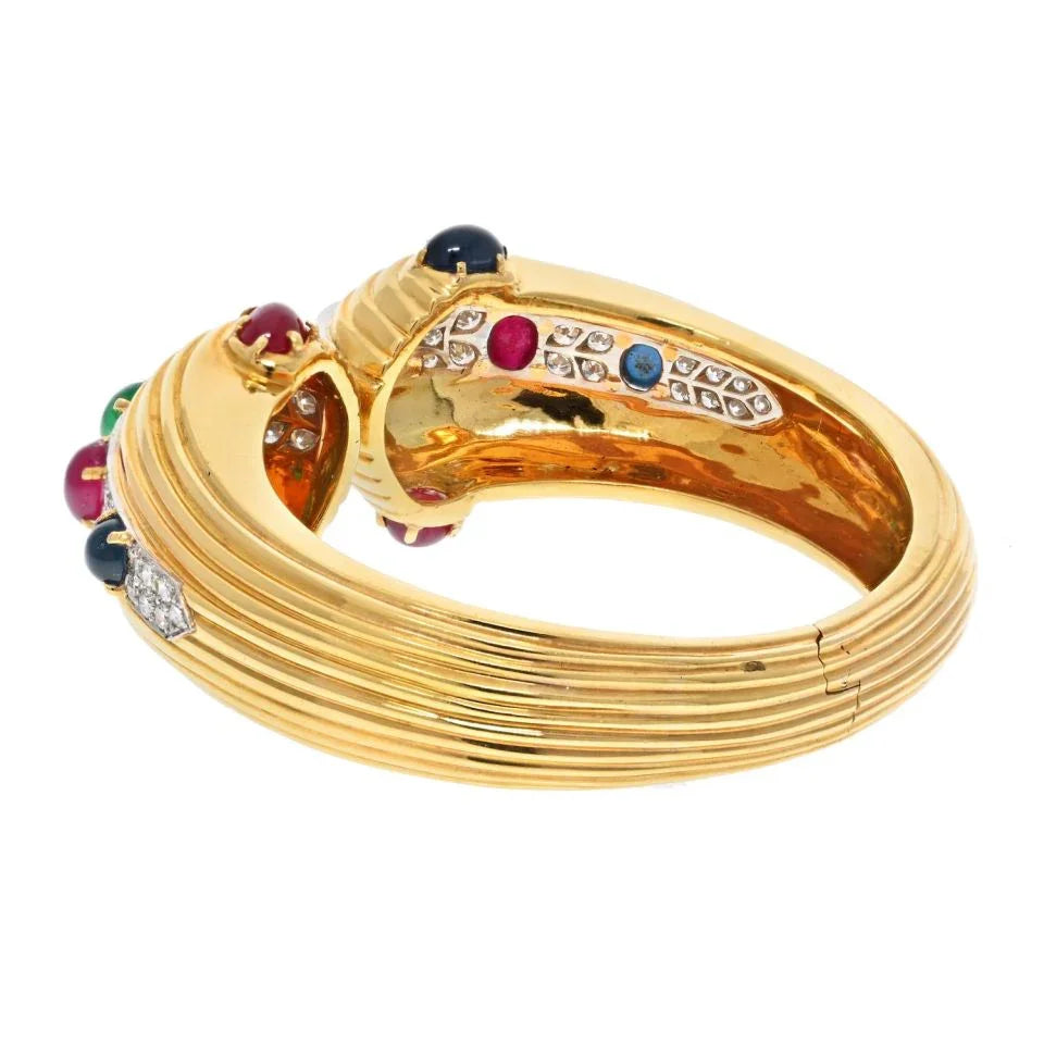 David Webb 18K Yellow Gold Diamond, Cabochon Oval Cut Emerald, Ruby Sapphire Hinged Bracelet - The Back Vault