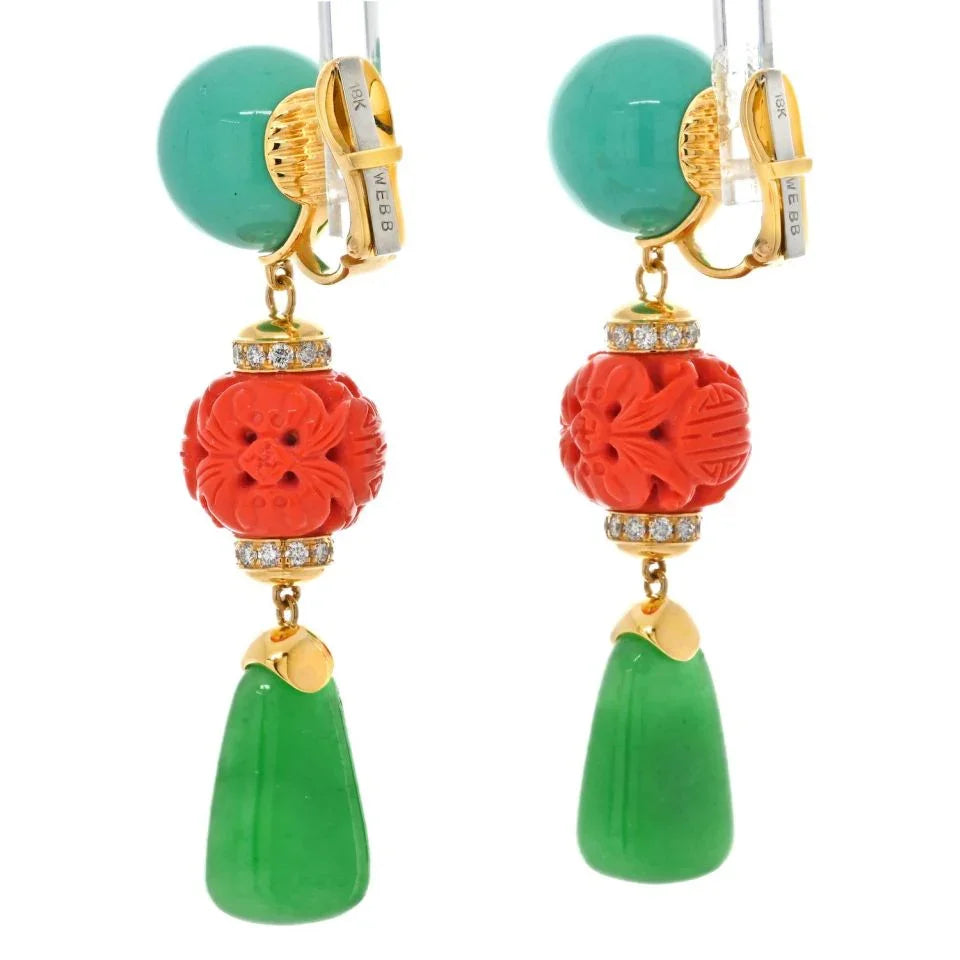 David Webb Platinum & 18K Yellow Gold Chinoiserie, Coral And Turquoise Earrings - The Back Vault