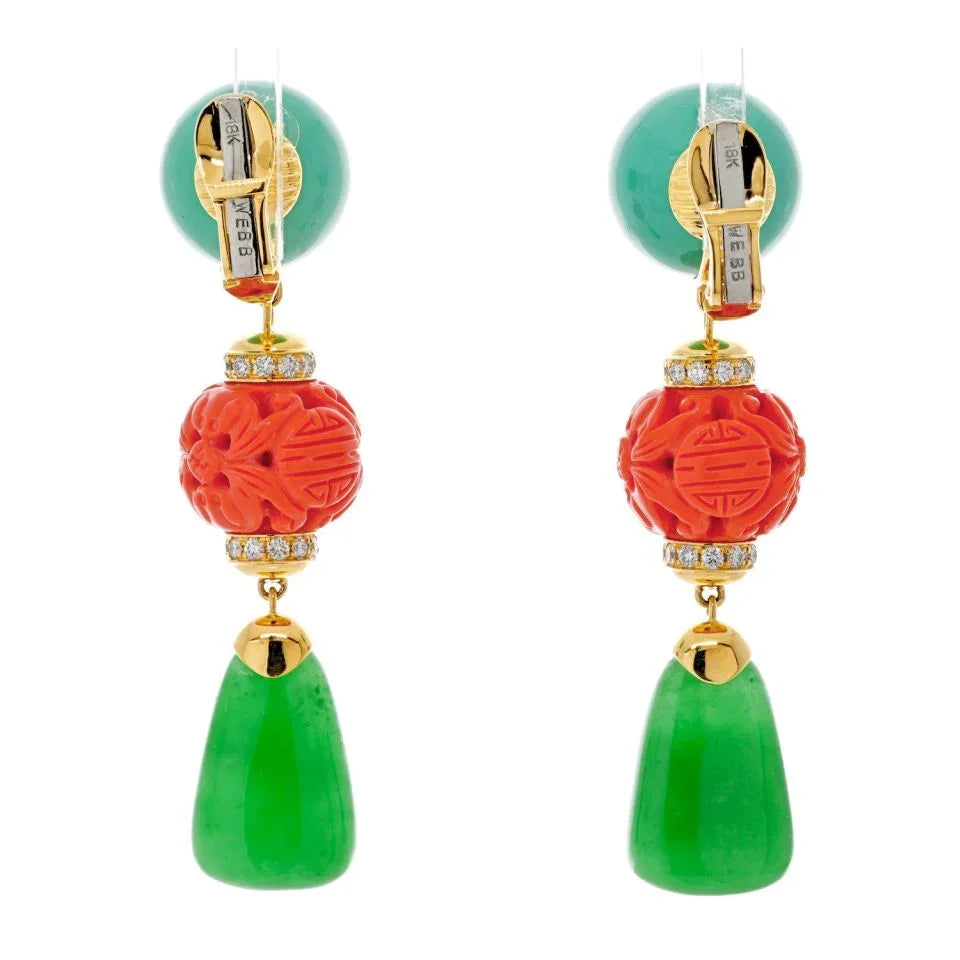 David Webb Platinum & 18K Yellow Gold Chinoiserie, Coral And Turquoise Earrings - The Back Vault