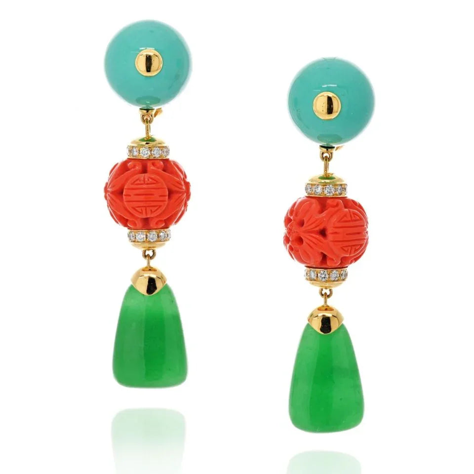 David Webb Platinum & 18K Yellow Gold Chinoiserie, Coral And Turquoise Earrings - The Back Vault