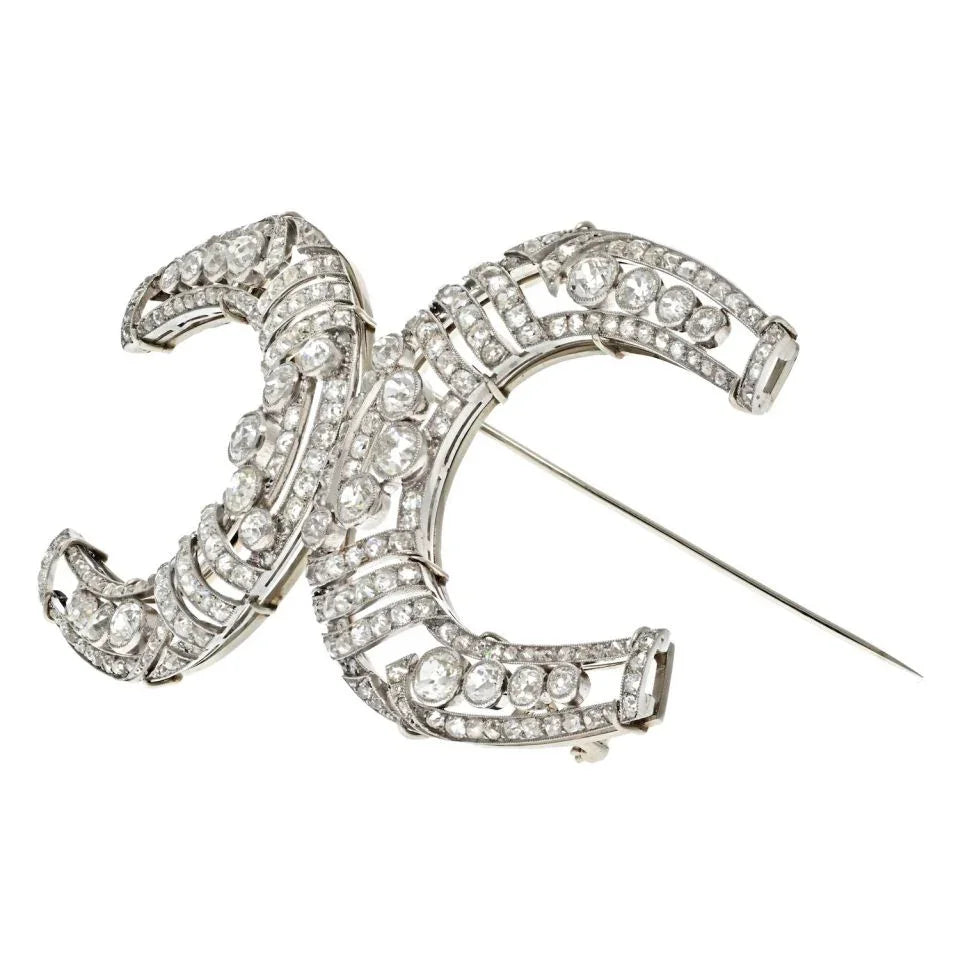 Platinum Double Horse Shoe Vintage Old Cut Diamond Brooch - The Back Vault