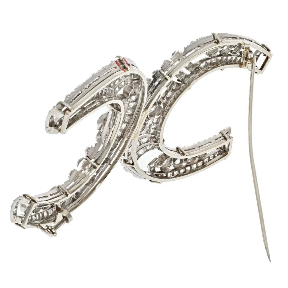 Platinum Double Horse Shoe Vintage Old Cut Diamond Brooch - The Back Vault