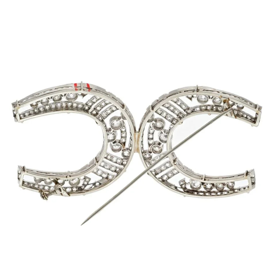 Platinum Double Horse Shoe Vintage Old Cut Diamond Brooch - The Back Vault