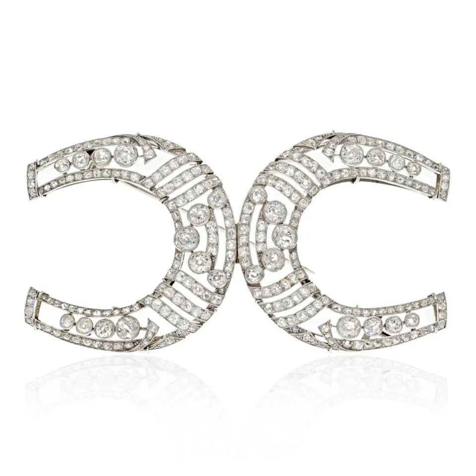 Platinum Double Horse Shoe Vintage Old Cut Diamond Brooch - The Back Vault