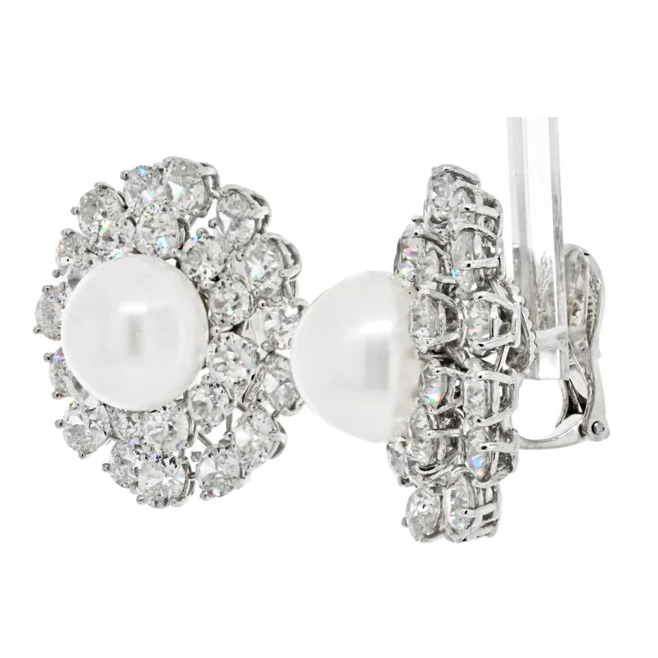 David Webb Platinum Old Cut And Old European Cluster Pearl Clip On Earrings - The Back Vault