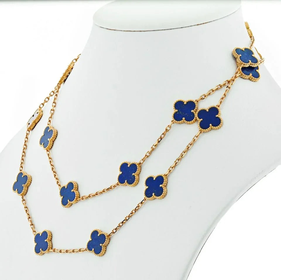 Van Cleef & Arpels Alhambra Platinum & 18K Yellow Gold Lapis Alhambra 20 Motif Necklace - The Back Vault
