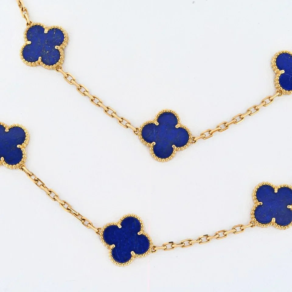 Van Cleef & Arpels Alhambra Platinum & 18K Yellow Gold Lapis Alhambra 20 Motif Necklace - The Back Vault