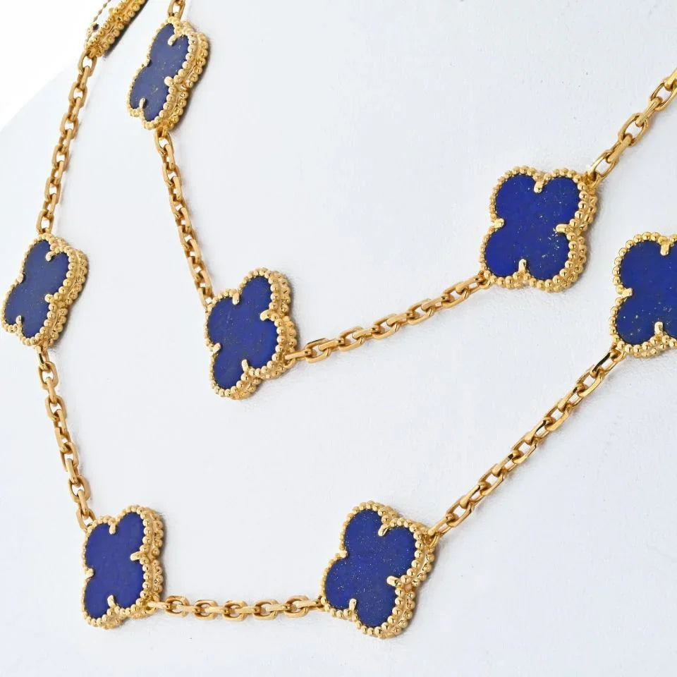 Van Cleef & Arpels Alhambra Platinum & 18K Yellow Gold Lapis Alhambra 20 Motif Necklace - The Back Vault