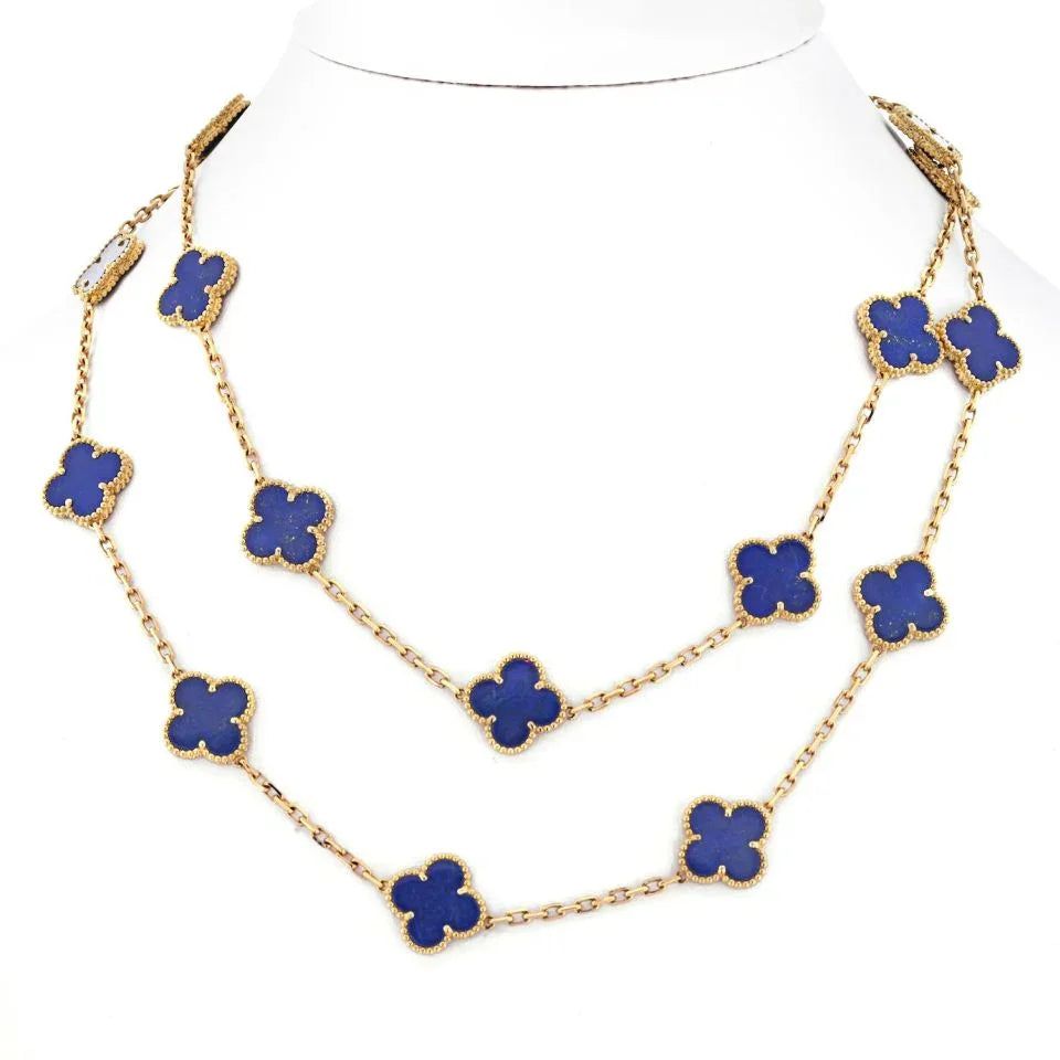 Van Cleef & Arpels Alhambra Platinum & 18K Yellow Gold Lapis Alhambra 20 Motif Necklace - The Back Vault