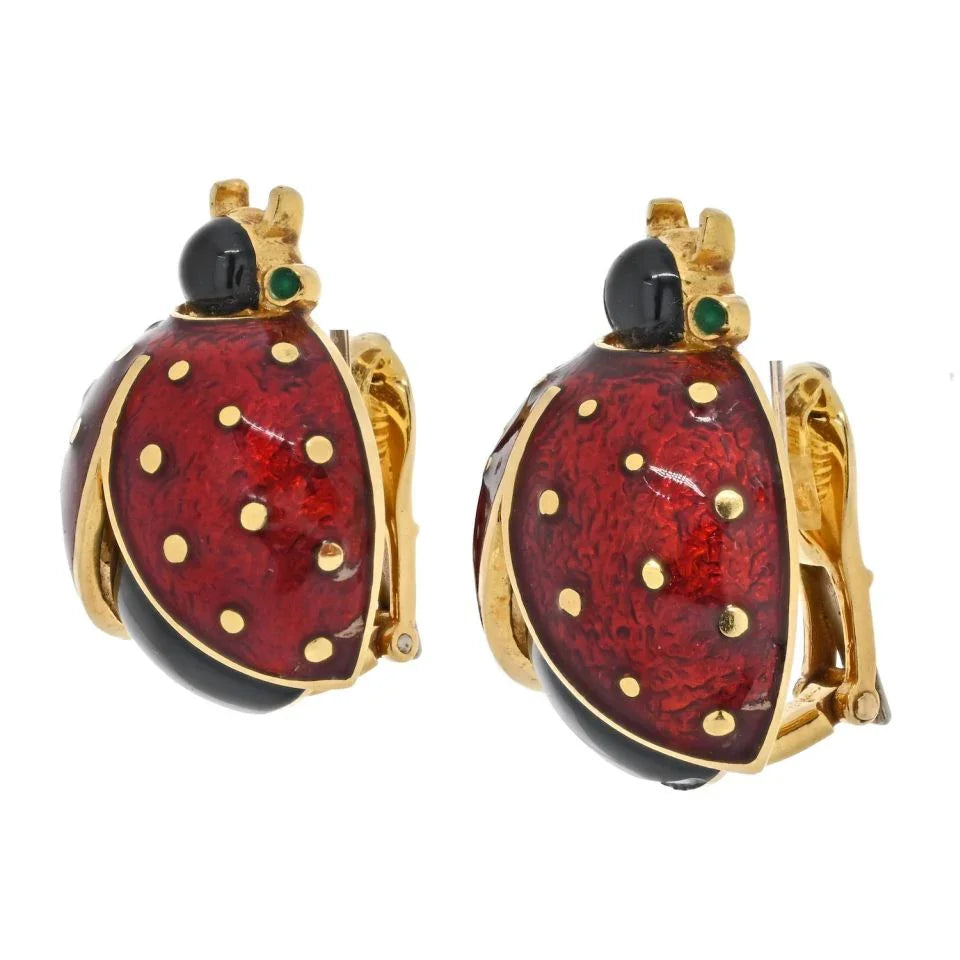 David Webb 18K Yellow Gold Red And Black Enamel Lady Bug Clip On Earrings - The Back Vault