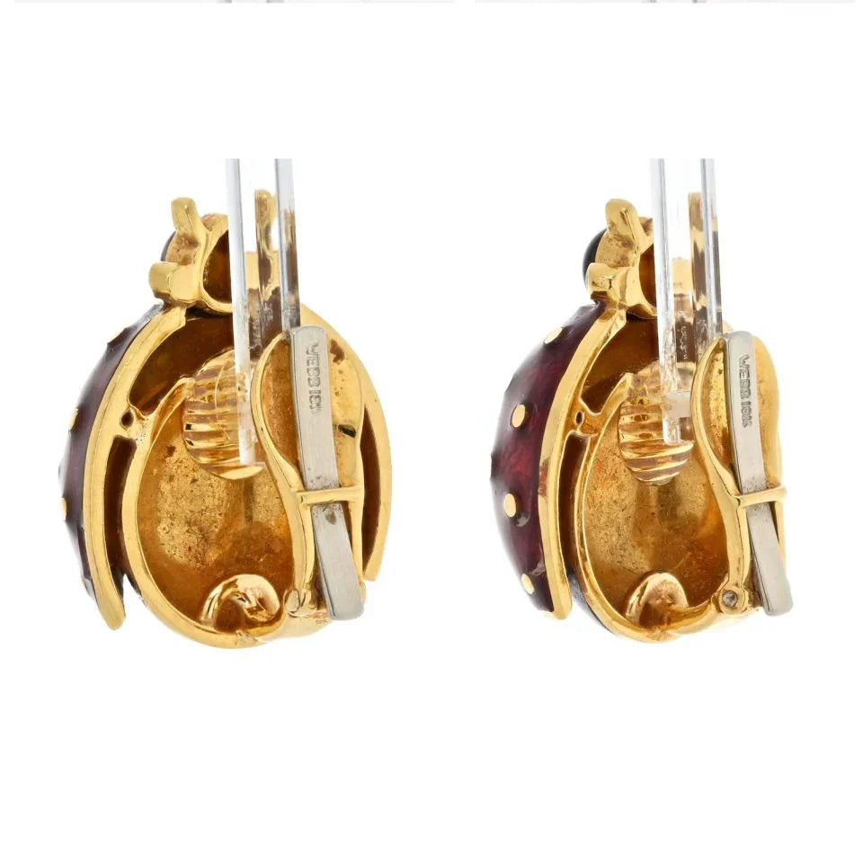 David Webb 18K Yellow Gold Red And Black Enamel Lady Bug Clip On Earrings - The Back Vault
