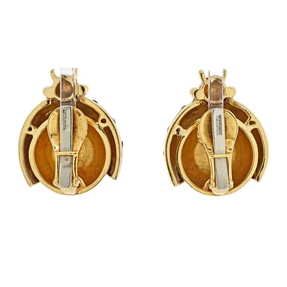 David Webb 18K Yellow Gold Red And Black Enamel Lady Bug Clip On Earrings - The Back Vault