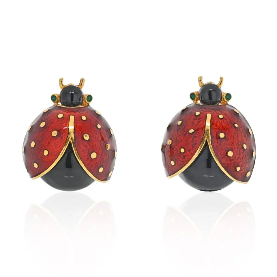 David Webb 18K Yellow Gold Red And Black Enamel Lady Bug Clip On Earrings - The Back Vault