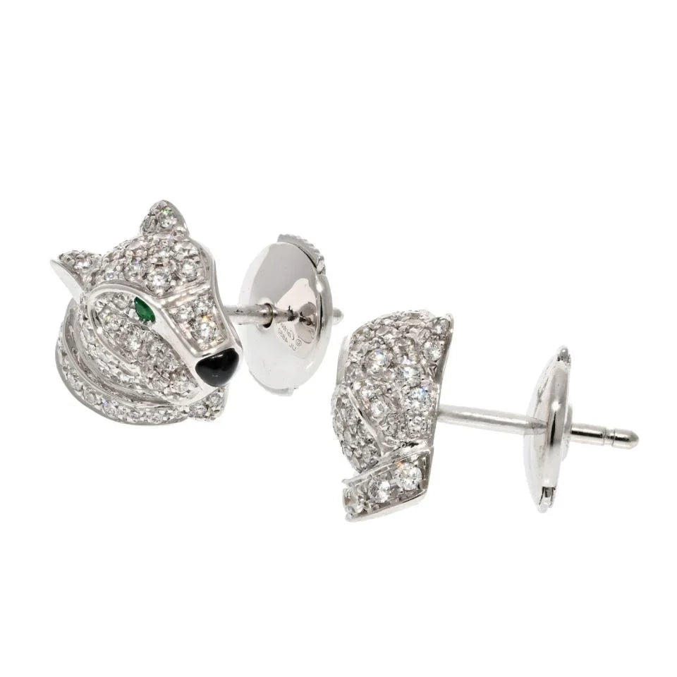 Cartier 18K White Gold Diamond Panthere Heads Stud Earrings - The Back Vault