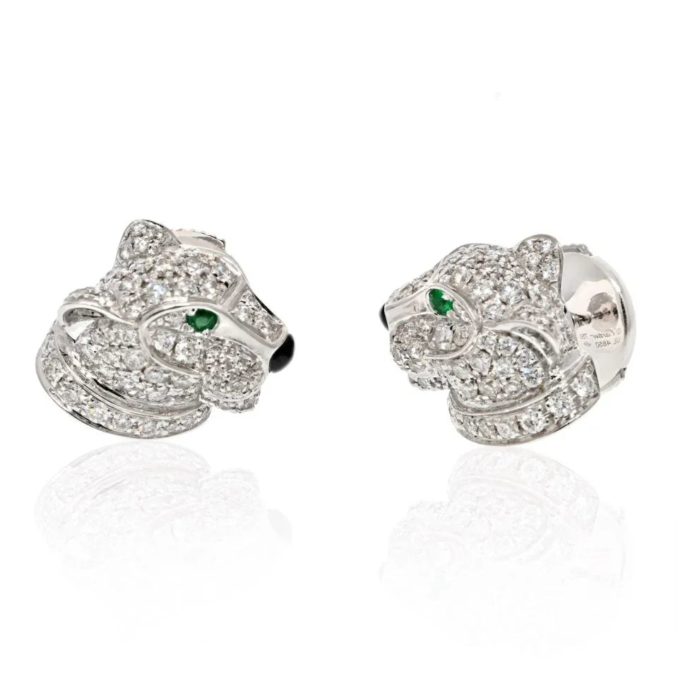 Cartier 18K White Gold Diamond Panthere Heads Stud Earrings - The Back Vault