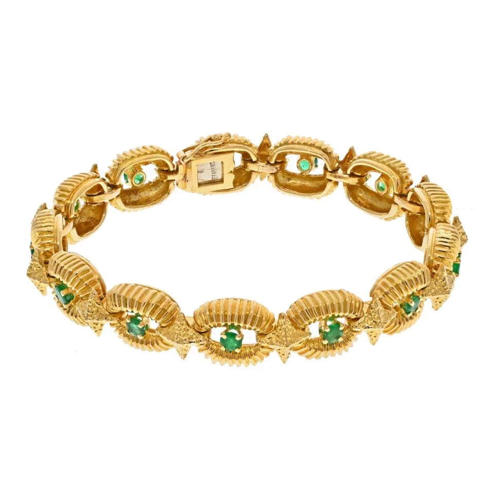 Tiffany & Co. 18K Yellow Gold Estate Woven Open Link Round Emerald Bracelet - The Back Vault