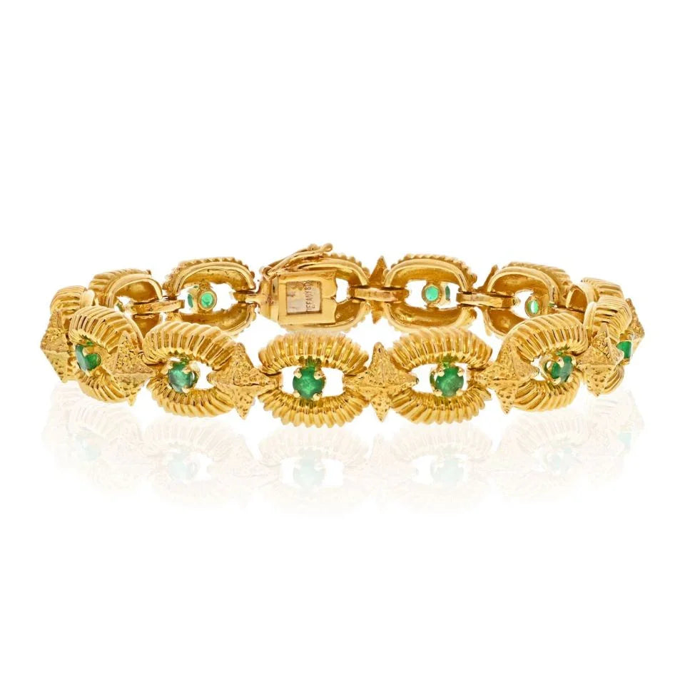Tiffany & Co. 18K Yellow Gold Estate Woven Open Link Round Emerald Bracelet - The Back Vault