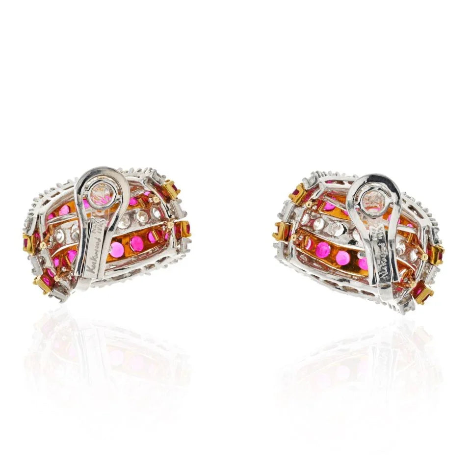 Platinum & 18K Yellow Gold 10 Carat Diamond And Ruby Earrings - The Back Vault