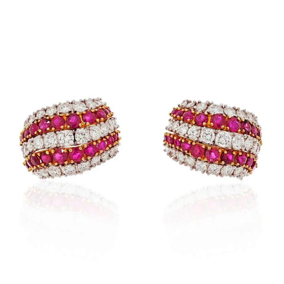 Platinum & 18K Yellow Gold 10 Carat Diamond And Ruby Earrings - The Back Vault