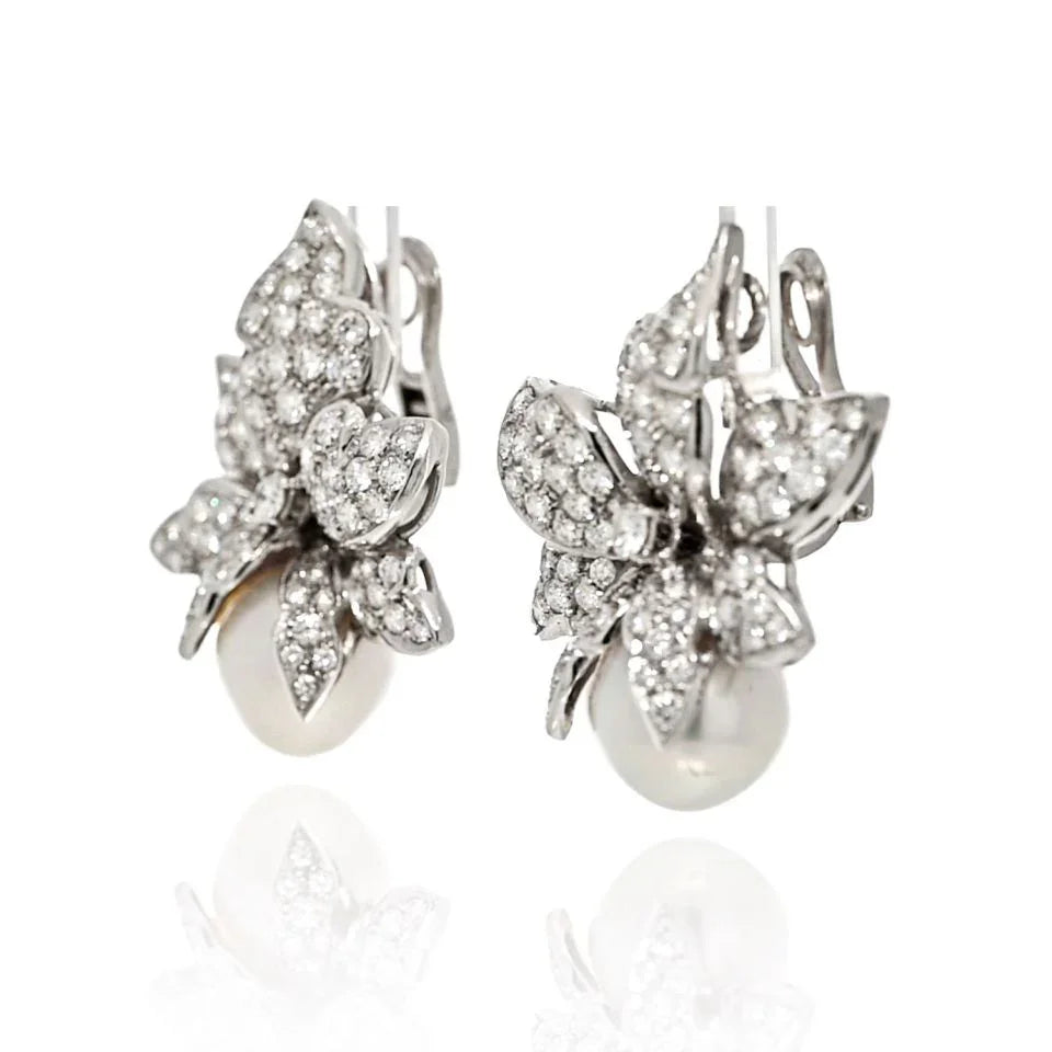 18K White Gold Diamond And Pearl Flower Cluster Earrings - The Back Vault