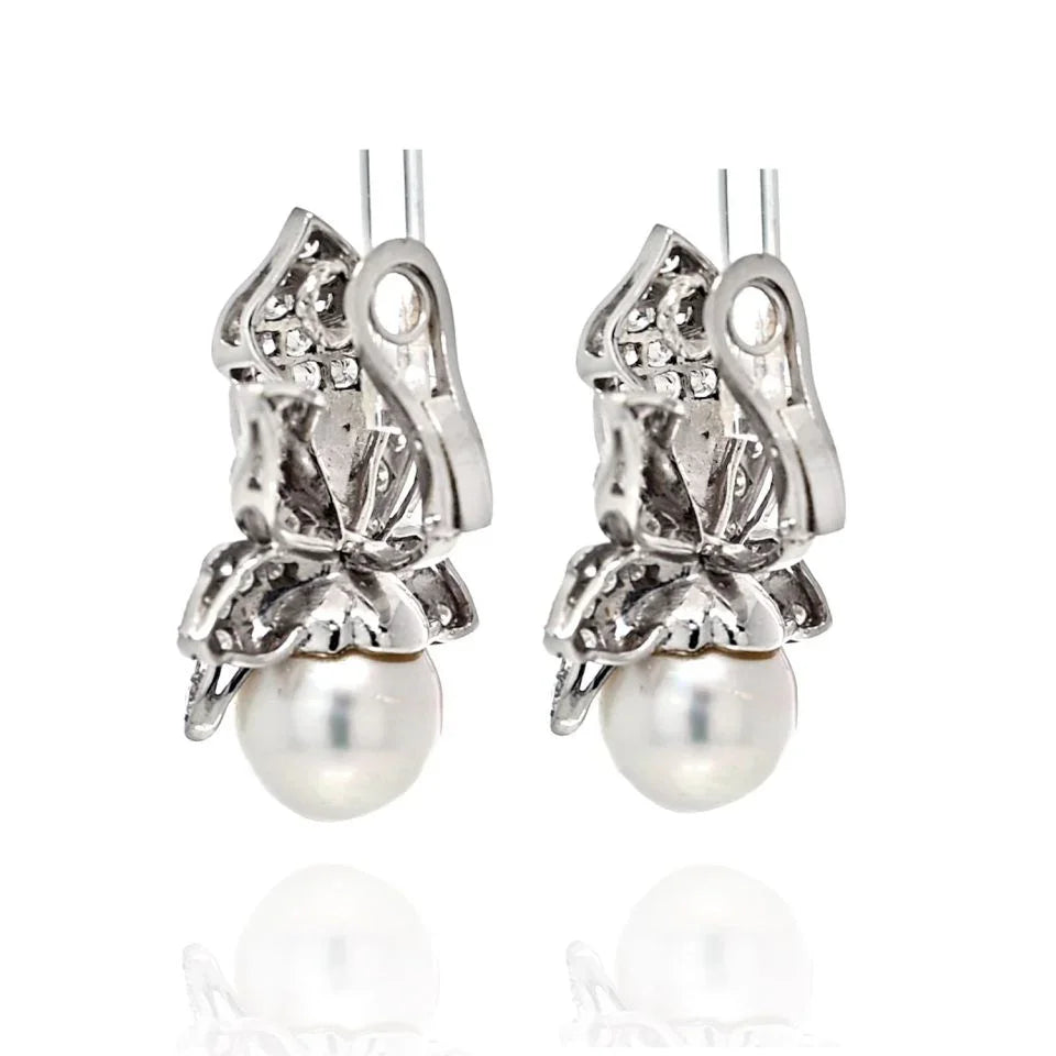 18K White Gold Diamond And Pearl Flower Cluster Earrings - The Back Vault