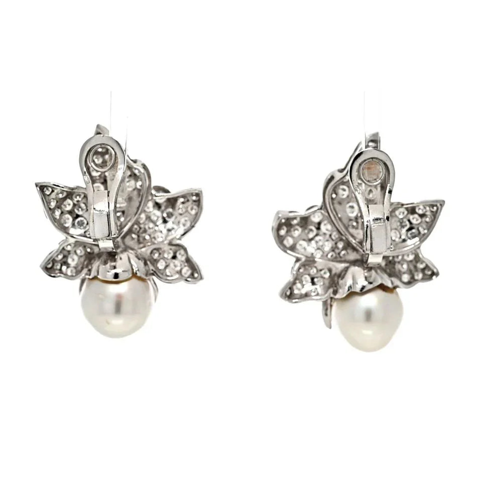 18K White Gold Diamond And Pearl Flower Cluster Earrings - The Back Vault