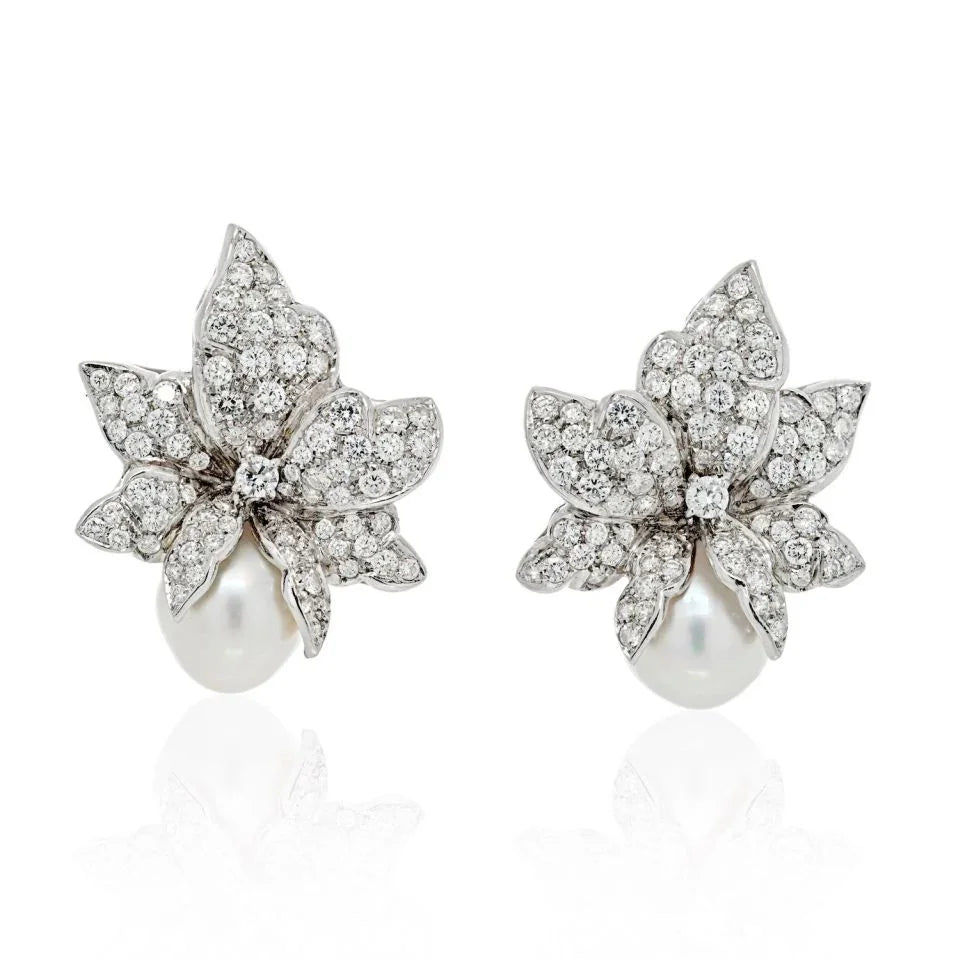 18K White Gold Diamond And Pearl Flower Cluster Earrings - The Back Vault