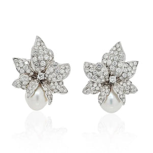 18K White Gold Diamond And Pearl Flower Cluster Earrings