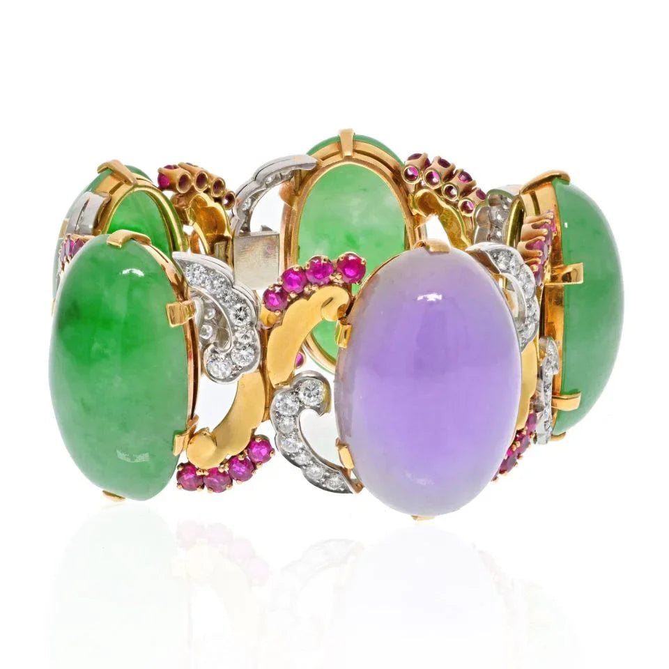 Platinum & 18K Yellow Gold Cabochon Oval Cut, Diamond And Ruby Bracelet - The Back Vault
