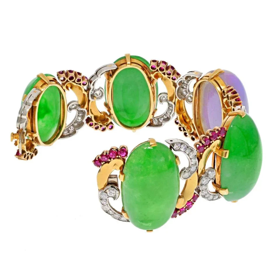 Platinum & 18K Yellow Gold Cabochon Oval Cut, Diamond And Ruby Bracelet - The Back Vault