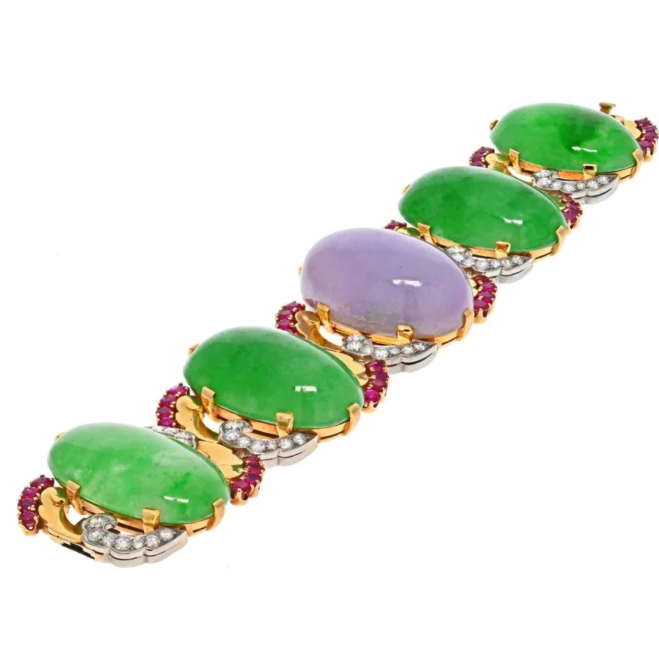 Platinum & 18K Yellow Gold Cabochon Oval Cut, Diamond And Ruby Bracelet - The Back Vault